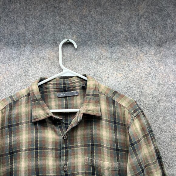 Vince Shirt Mens Large Olive Green Button Down Madras Plaid Cotton Classic - Picture 10 of 11